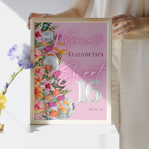 Poster Fleurs tropicales rose néon Glow Sweet 16 Bienvenu