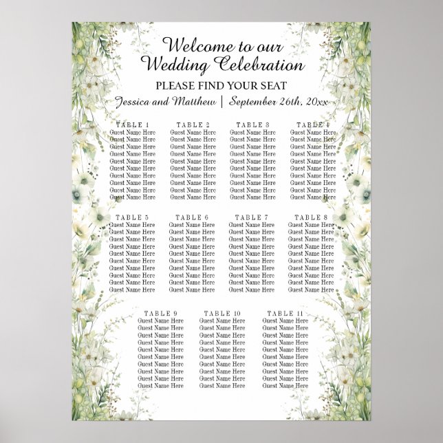 Poster Fleurs vertes Dusty Sage 11 Tables Siège Mariage (Devant)
