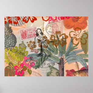 Poster Fleurs vintages Hula Colorful Hawaiian Tropical