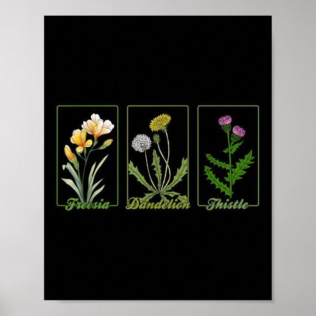Poster Fleurs vintages subtiles Freesia Dandelion Thistle (Devant)