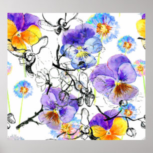 Poster Fleurs violettes Aquarelle Motif Vintage