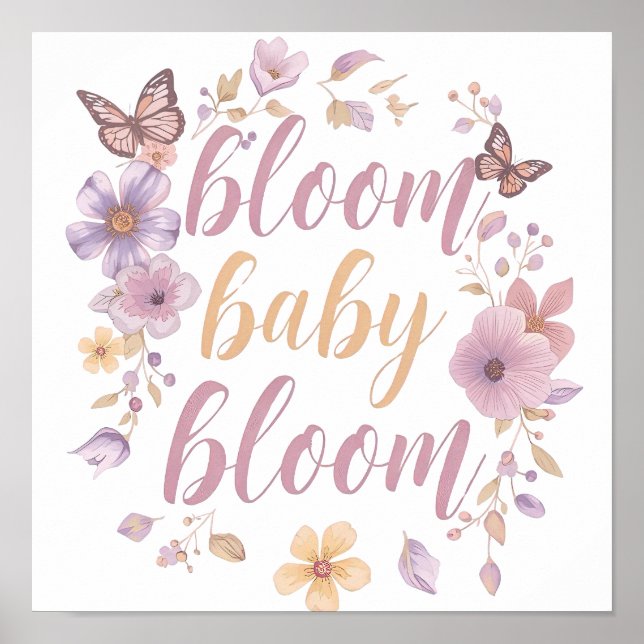 Poster Fleurs violettes et roses avec écriture dorée (Devant)