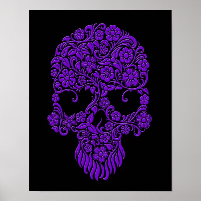 Poster Fleurs violettes et vignes Design crâne sur noir (Devant)