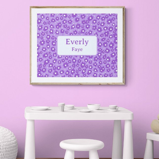 Poster Fleurs violettes Nom personnalisé Enfants Salle Nu (Customize the name. Shown with white mat and gold frame. You will receive print only. Thank you!)