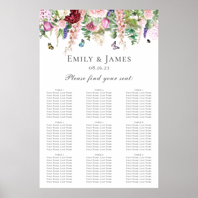 Poster Fleurs violettes roses avec Papillons Diagramme de (Devant)