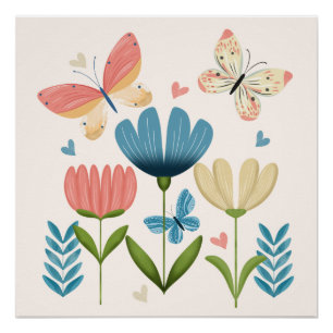 Poster Fleurs Whimsical et papillons