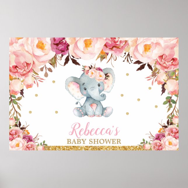 Poster Flexible Flore Elephant Baby shower Party fond (Devant)