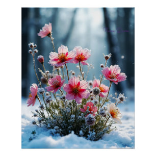 Poster Floraison hivernale – Cosmos rose dans la neige
