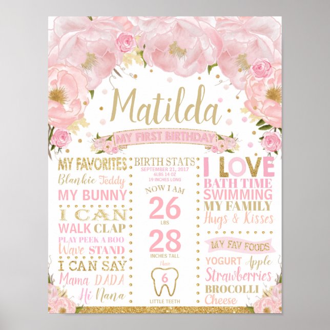 Poster Floral 1er Anniversaire Jalons de naissance Statis (Devant)