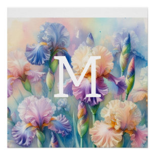 Poster Floral aquarelle monogramme iris violet fleurs