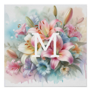 Poster Floral aquarelle monogramme rose lys fleurs