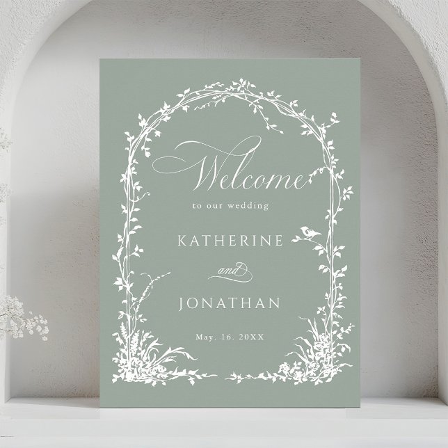 Poster Floral Arch Garden Wedding Sage Green Welcome  (Créateur téléchargé)