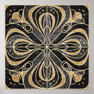 Poster Floral Art Déco. Or et marbre