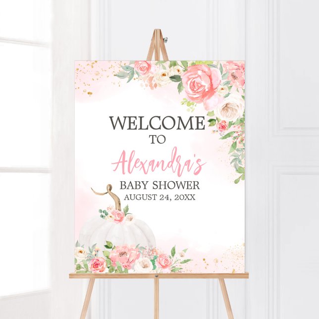 Poster Floral Automne Citrouille Baby shower Bienvenue (Pink Pumpkin Baby Shower Welcome Sign)