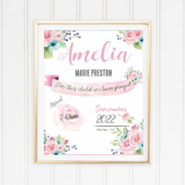 Poster Floral Baby Girl Aquarelle Statistiques de naissan
