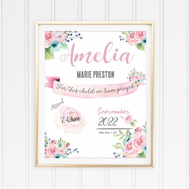 Poster Floral Baby Girl Aquarelle Statistiques de naissan (Créateur téléchargé)
