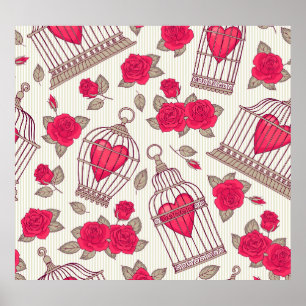 Poster Floral Bird Cages Rose Motif