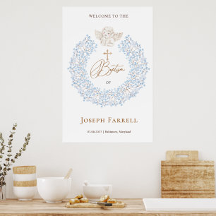 Poster Floral Blue Baby Angel Croix Baptême
