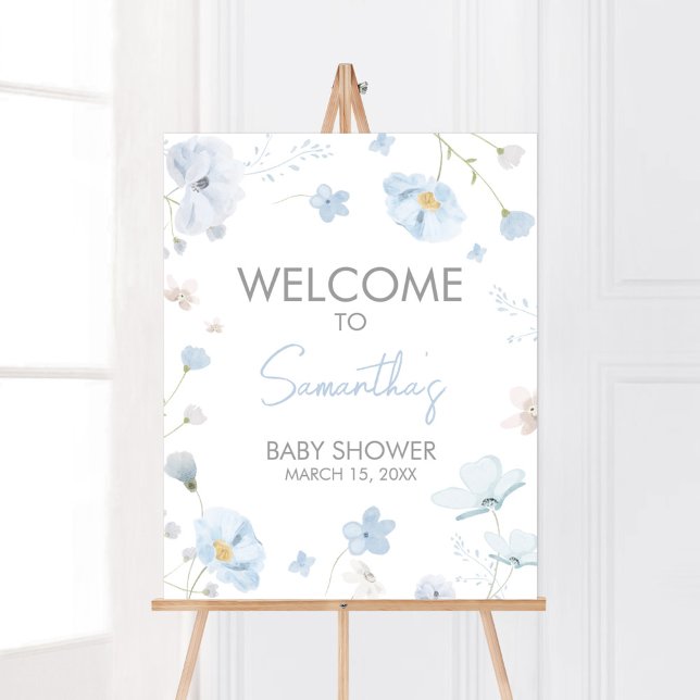Poster Floral Blue Spring Baby in Bloom Bienvenue (Blue Spring Floral Baby in Bloom Baby Shower Welcome Sign)
