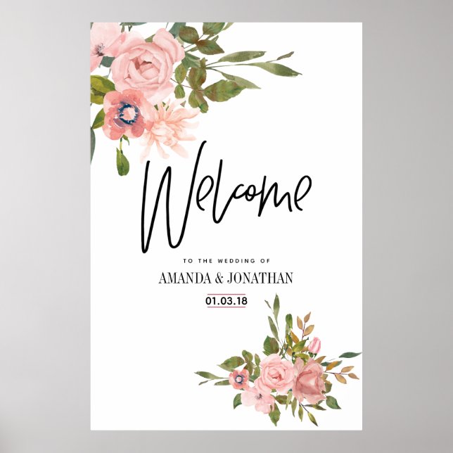 Poster Floral Blush et Rose Gold Mariage Bienvenue (Devant)