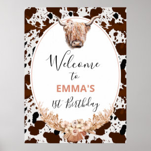 Poster Floral Boho Highland Vache Bienvenue à l'anniversa