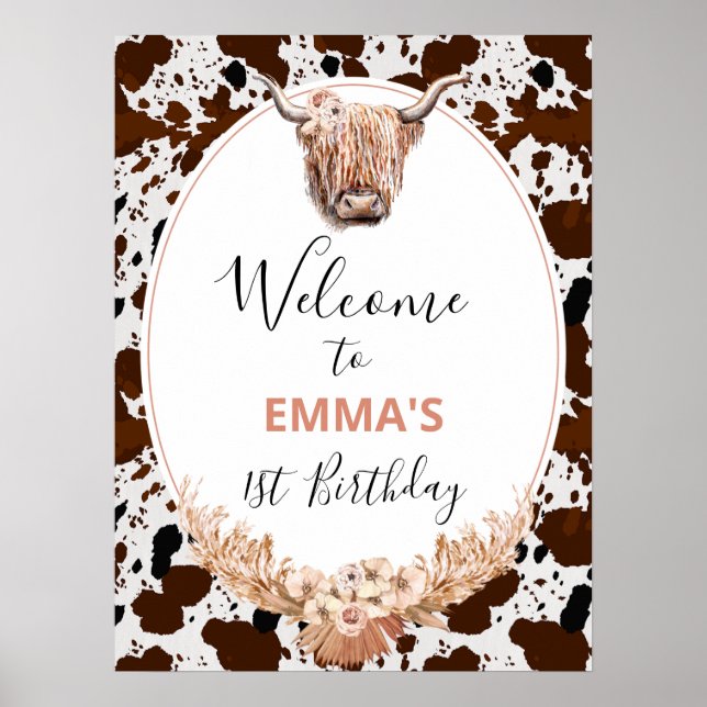 Poster Floral Boho Highland Vache Bienvenue à l'anniversa (Devant)