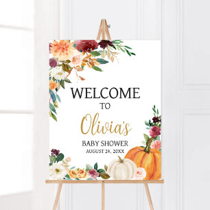 Poster Floral Bourgogne Baby shower Citrouille Bienvenue