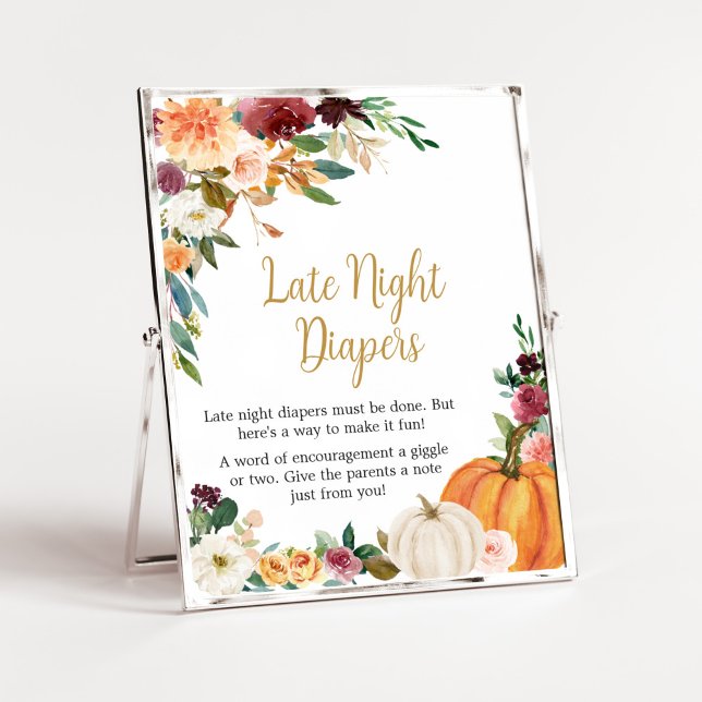 Poster Floral Bourgogne Citrouille Late Night Diapos (Pumpkin Baby Shower Late Night Diapers Sign
)