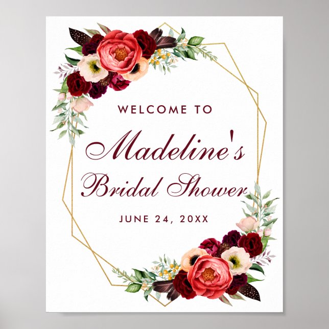 Poster Floral Bourgogne Gold Boho Fête des mariées Bienve (Devant)