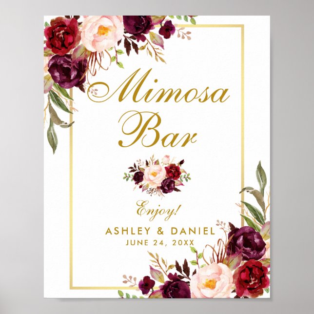 Poster Floral Bourgogne Gold Mariage Mimosa Bar (Devant)