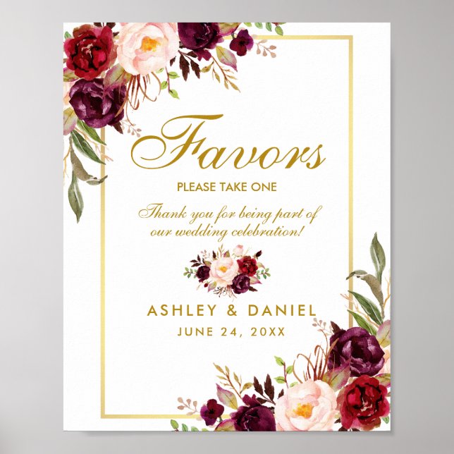 Poster Floral Bourgogne Gold Wedding Favorisera (Devant)