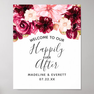 Poster Floral Bourgogne heureux après l'Affiche de bienve