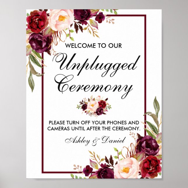 Poster Floral Bourgogne Mariage cérémonie débranché (Devant)