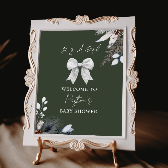 Poster Floral Bow Winter Green Girl Baby shower Bienvenue (Créateur téléchargé)