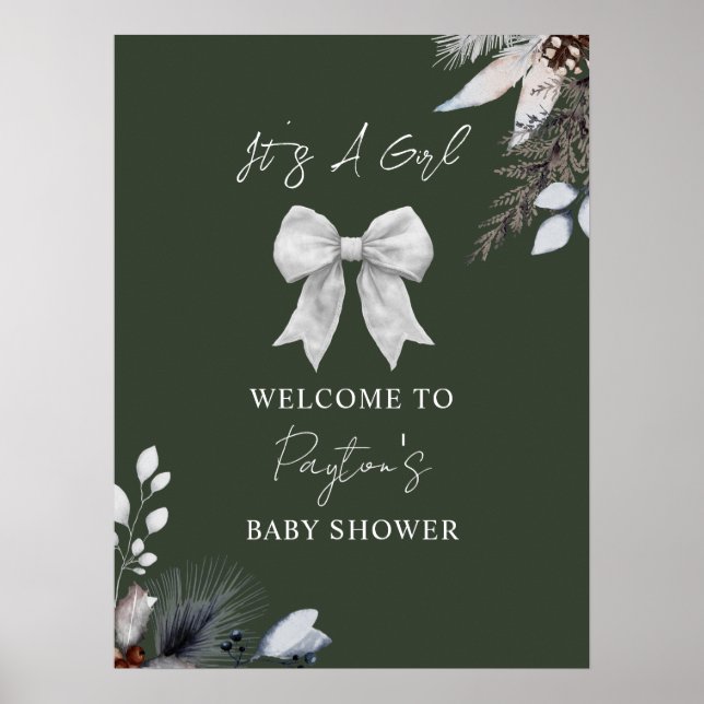 Poster Floral Bow Winter Green Girl Baby shower Bienvenue (Devant)