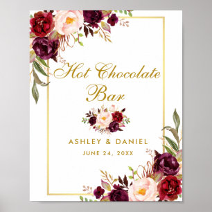 Poster Floral Burgundy Gold Mariage Hot Chocolat Bar