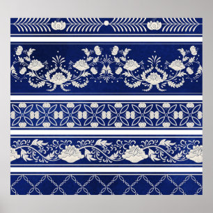 Poster Floral chinois Bleu : Bordures d'aquarelle Vintage