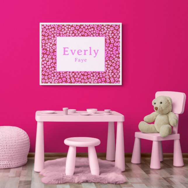 Poster floral clair Salle fille Nom personnalisé (Cute floral print with customizable first and last name. You purchase mat or frame.)