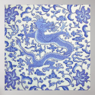 Poster Floral de dragon oriental chinois bleu et blanc