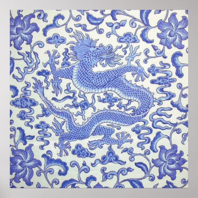 Poster Floral de dragon oriental chinois bleu et blanc (Devant)