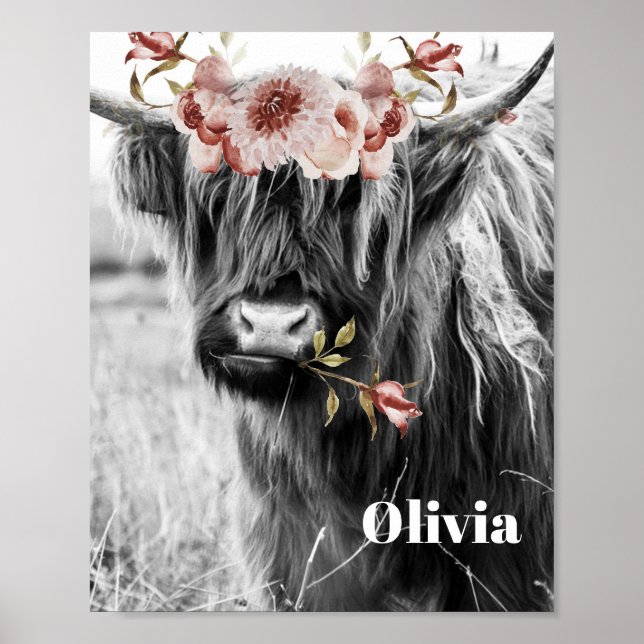 Poster Floral de vache de Highland | Western Cowgirl Nom  (Devant)