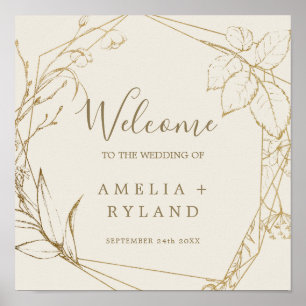Poster Floral doré   Mariage de bienvenue en crème et or