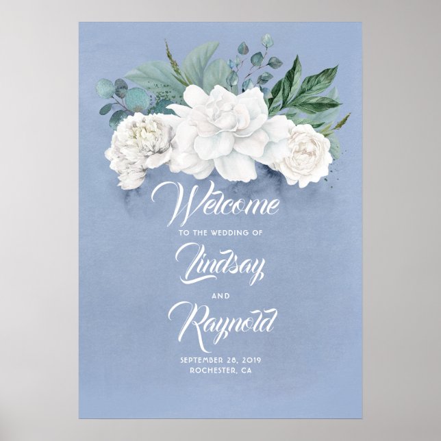 Poster Floral Dusty Blue Mariage Bienvenue (Devant)