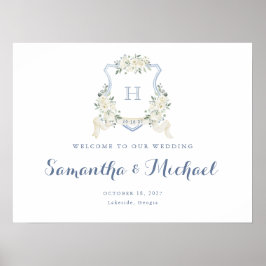 Poster Floral Elegant Dusty Blue Crest Welcome Sign