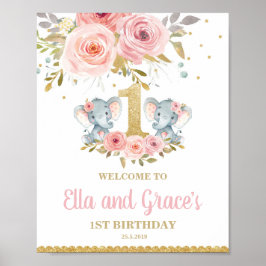 Poster Floral Elephant Twin Girls 1er anniversaire Bienve