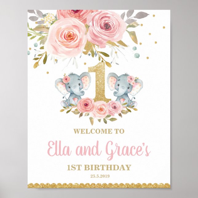 Poster Floral Elephant Twin Girls 1er anniversaire Bienve (Devant)