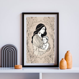 Poster Floral Embrace Mother and Baby Line Art Print