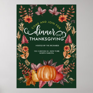 Poster Floral Emerald Green Thanksgiving Dîner