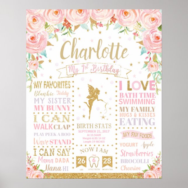 Poster Floral Fairy 1er anniversaire Jalon Statistiques d (Devant)