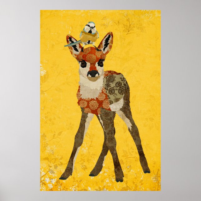 Poster Floral Fawn & Little Bird Art (Devant)